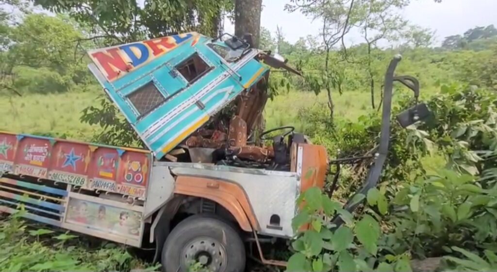 হলং এলাকায় জঙ্গল থেকে রাস্তায় বাইসন, দুর্ঘটনার কবলে কলকাতাগামী লরি।।