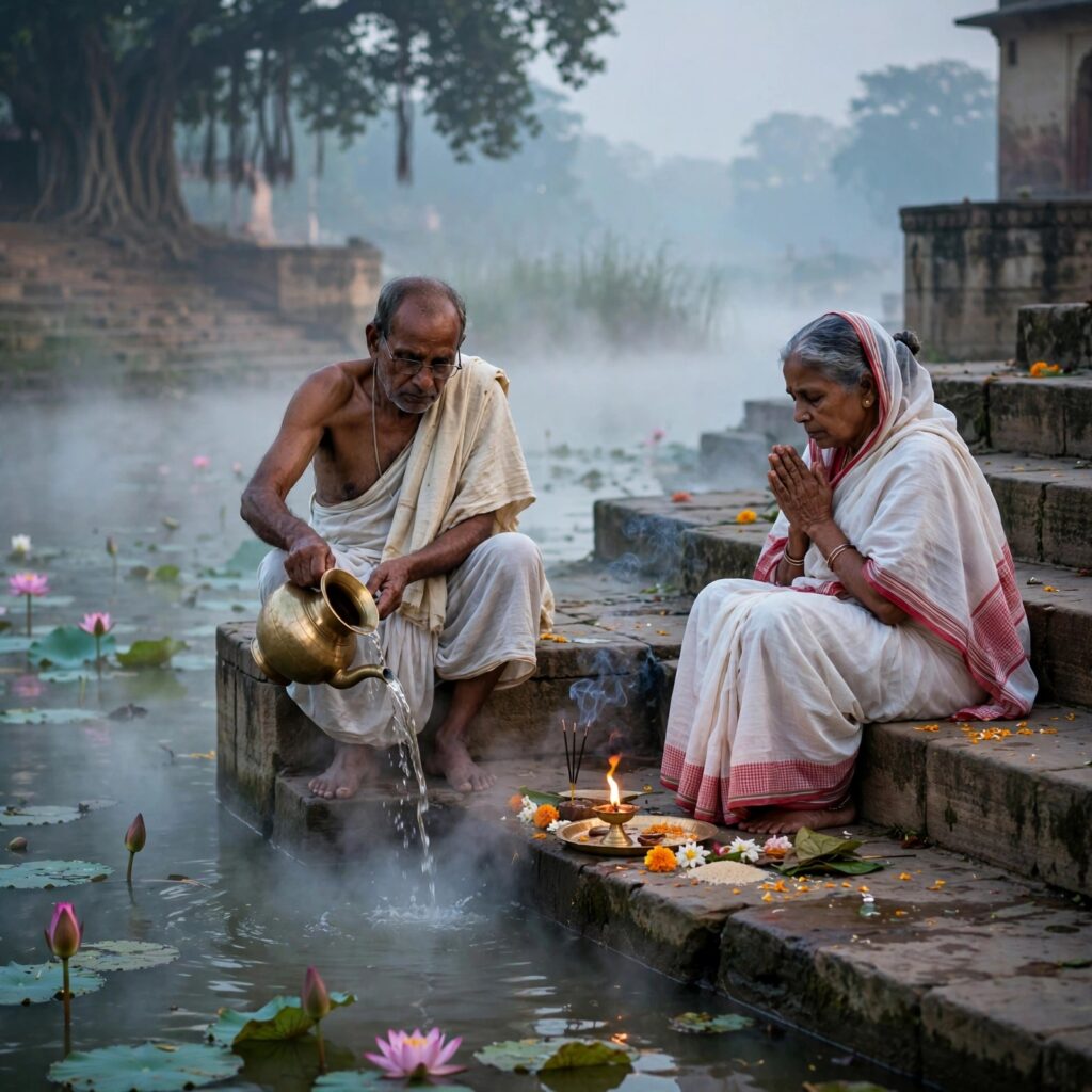 পিতৃ তর্পণ ঘিরে মহালয়ার সকাল: পূর্বপুরুষদের প্রতি শ্রদ্ধা ও কৃতজ্ঞতায় বাংলার নদীঘাটে ধর্মীয় আবহ।