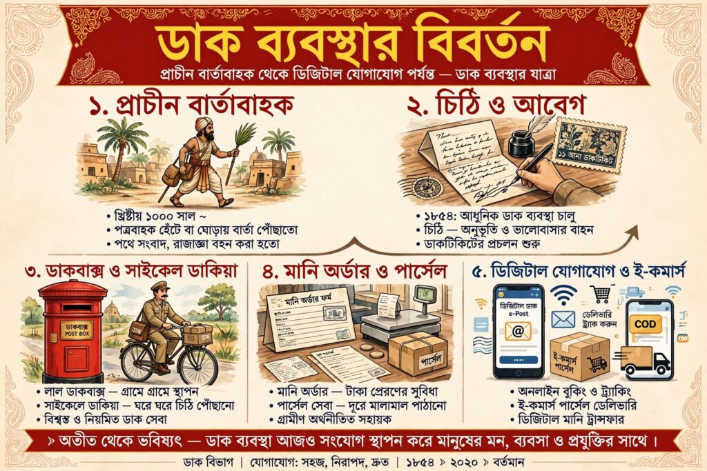 ডাকব্যবস্থার বিবর্তন: চিঠির আবেগ থেকে ডিজিটাল যোগাযোগের যুগ।