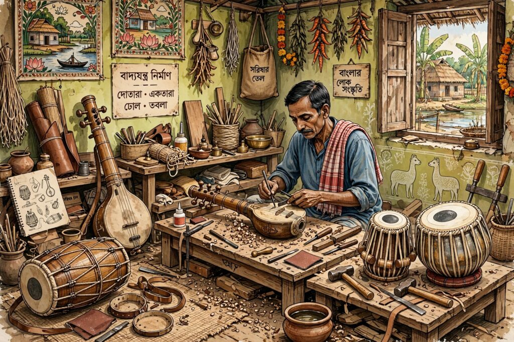 ঐতিহ্যবাহী সঙ্গীতযন্ত্র নির্মাণশিল্প: বাংলার কারিগরি দক্ষতা, লোকসংস্কৃতি ও শিল্পীদের জীবিকা রক্ষার এক অনন্য লড়াই।।