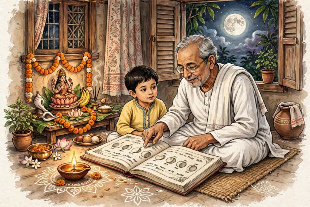 কোজাগরী লক্ষ্মীপুজো ও বাঙালির পঞ্জিকা: তিথি, চন্দ্রচক্র, ঋতুপরিবর্তন এবং উৎসবের সময় নির্ধারণের ঐতিহ্য।।