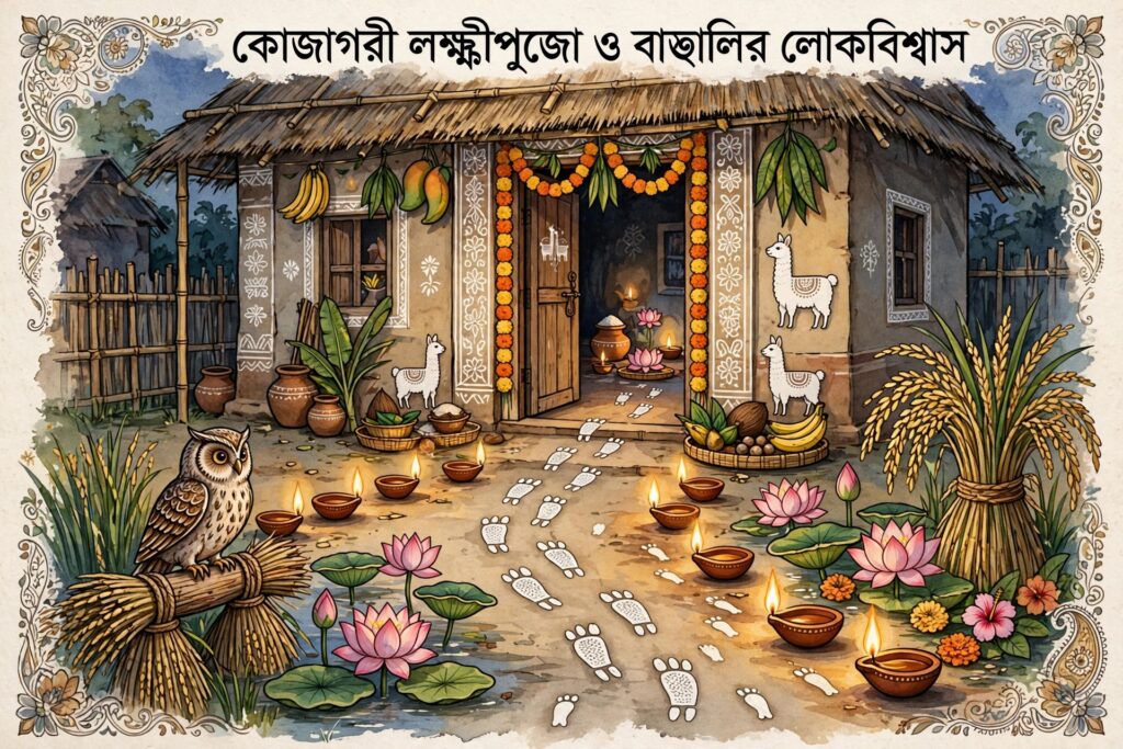 কোজাগরী লক্ষ্মীপুজো ও বাঙালির লোকবিশ্বাস: লক্ষ্মীর পায়ের ছাপ, পেঁচা এবং সমৃদ্ধির প্রতীকী অর্থ।।