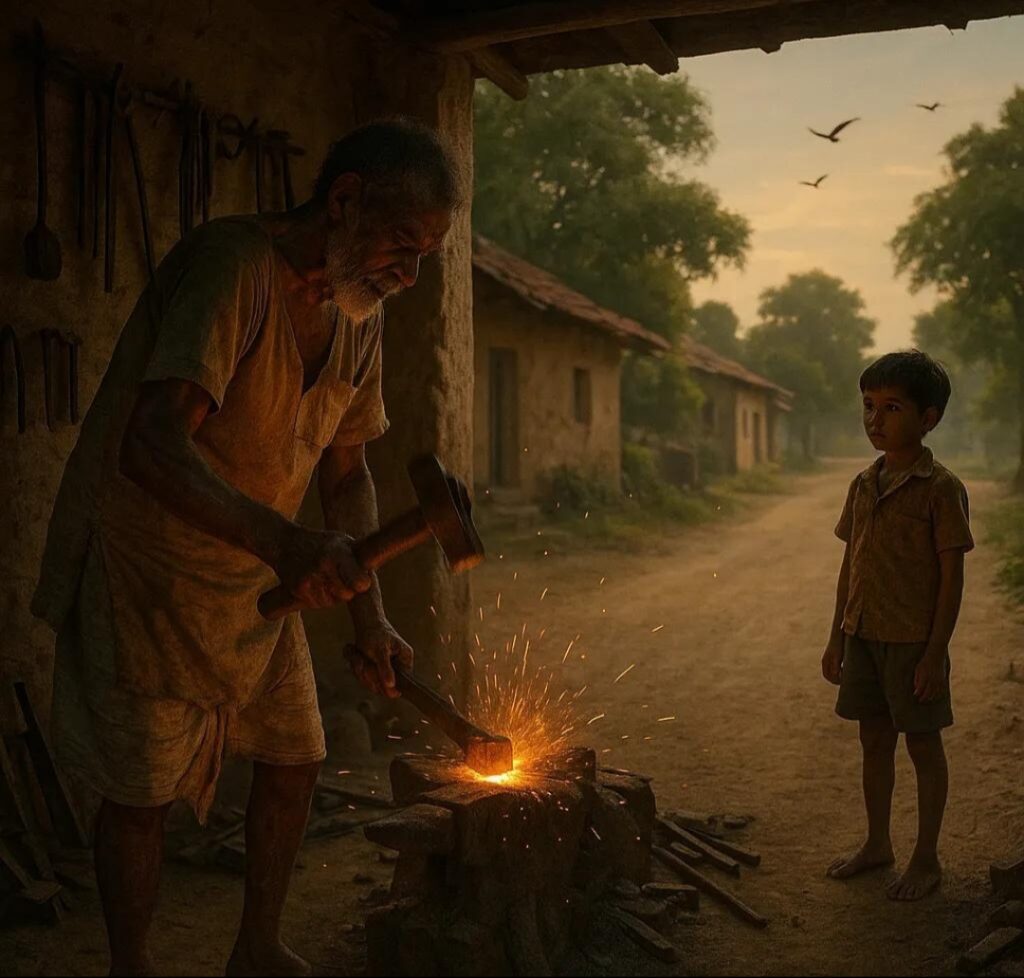 আগুনের পাশে বসা মানুষটি।