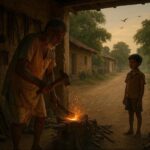 আগুনের পাশে বসা মানুষটি।